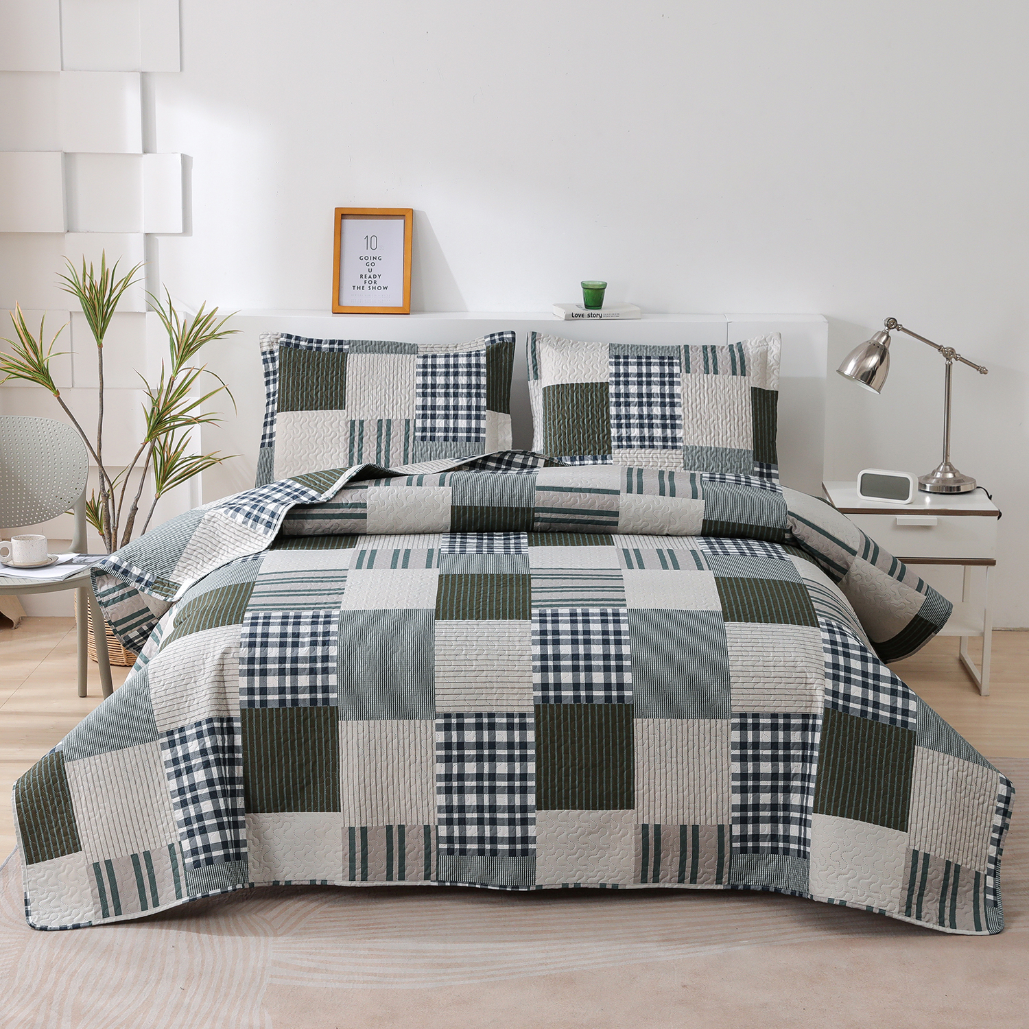 Anray Home Quilt Set Queen Size Stripe Plaid Bedspread Coverlet Coffee