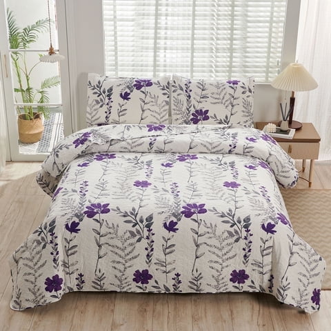Beartech Quilt Set Twin Size Floral Purple Quilt Lightweight Reversible Microfiber Bedspread Coverlet Bedding Set
