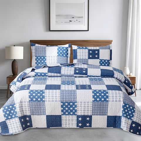 Beartech Quilt Set Twin Size Stripe Plaid Bedspread Coverlet Blue Star Patchwork Microfiber Bedding Lightweight Reversible Set