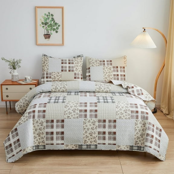 Beartech Quilt Set Twin Size Stripe Plaid Bedspread Coverlet Coffee Patchwork Floret Microfiber Bedding Lightweight Reversible Set