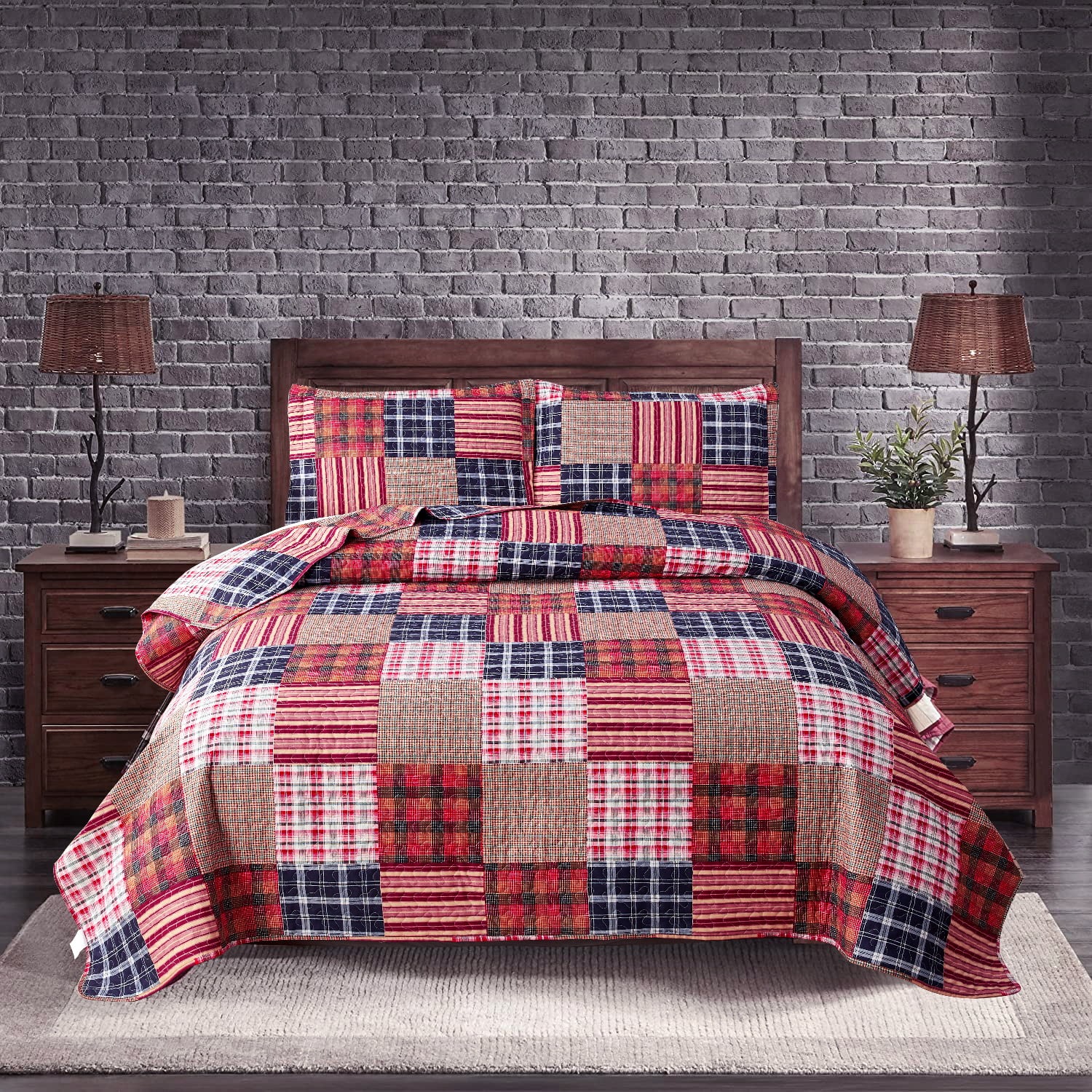 Anray Home Quilt Set Twin Size Stripe Plaid Bedspread Coverlet Red