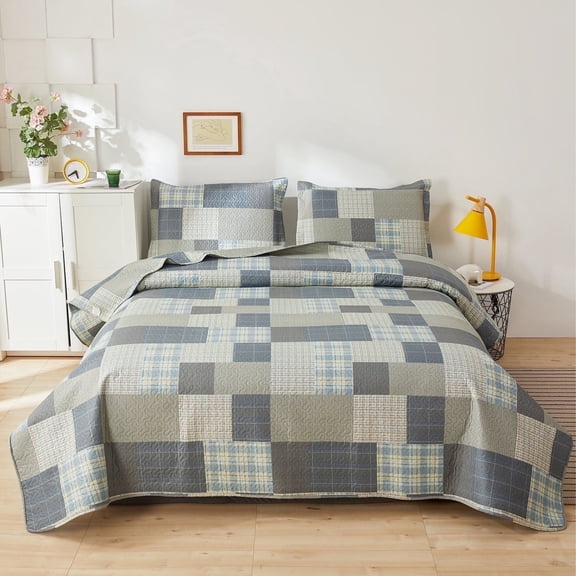 Beartech Quilt Set Twin Size Stripe Plaid Bedspread Coverlet Smoke Yellow Patchwork Microfiber Bedding Lightweight Reversible Set