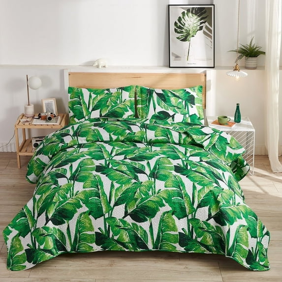 Beartech Rainforest Quilt Set Twin Size Banana Leaf Quilt Lightweight Microfiber Bedspread Cabin Bedding Set