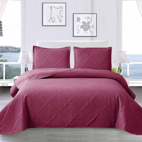 Beartech Solid Color Quilt Set King Size Burgundy Bedspread Coverlet Microfiber Bedding Lightweight Reversible Set,Soft Bedding for All Seasons