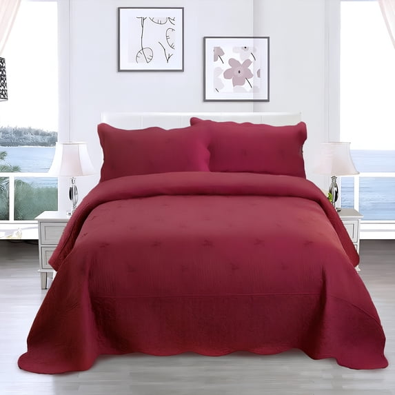 Beartech Solid Color Quilt Set Queen/Full Size Wine-colored Embroidery Bedspread Coverlet Microfiber Bedding Lightweight Reversible Set,Soft Bedding for All Seasons