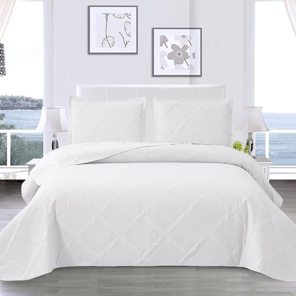 Beartech Solid Color Quilt Set KING Size White Bedspread Coverlet Microfiber Bedding Lightweight Reversible Set,Soft Bedding for All Seasons