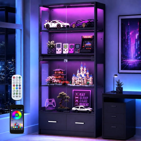 Anrist 5-Tier Glass Display Cabinet 2.0 with Dust-proof Strip & Lock, Curio Cabinet with LED Lights & Adjustable Shelves for Living Room, Black
