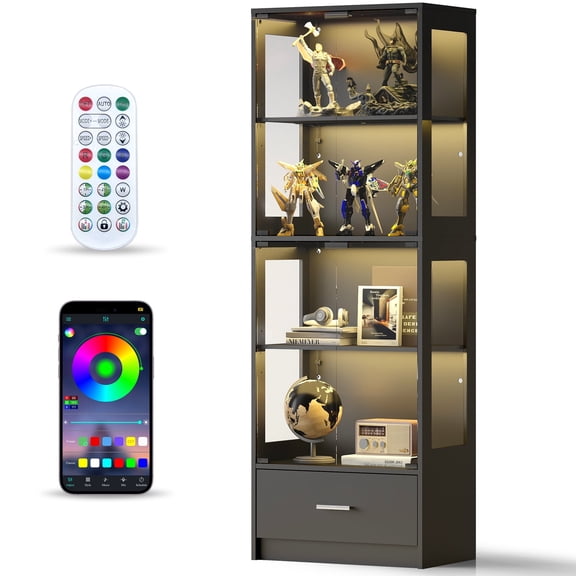 Anrist 5-Tier Glass Display Cabinet with LED Lights & Adjustable Shelves & 1 Drawer, Curio Cabinet for Home & Office, Black