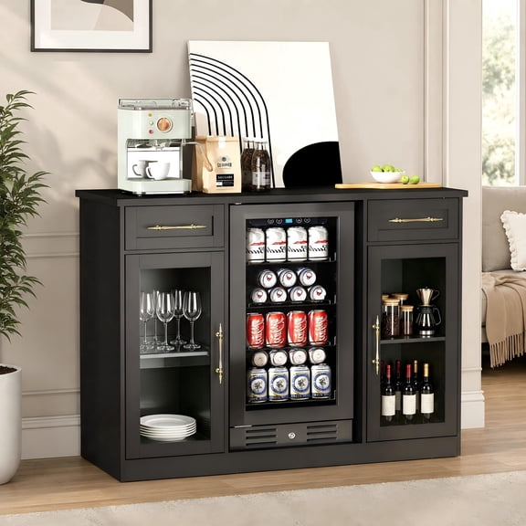 Anrist Coffee Bar Cabinet with Mini Fridge Space, LED Lights & Power Outlet, Mini Fridge Cabinet with Drawer for Living Room, Black