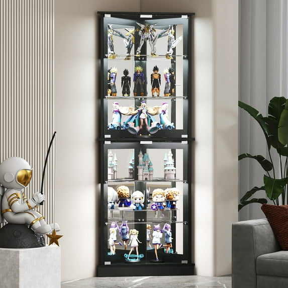 Anrist Corner Display Cabinet with RGB LED Lights, 6-Tier Curio Cabinet with glass doors for Collectibles, Home, Office, Black