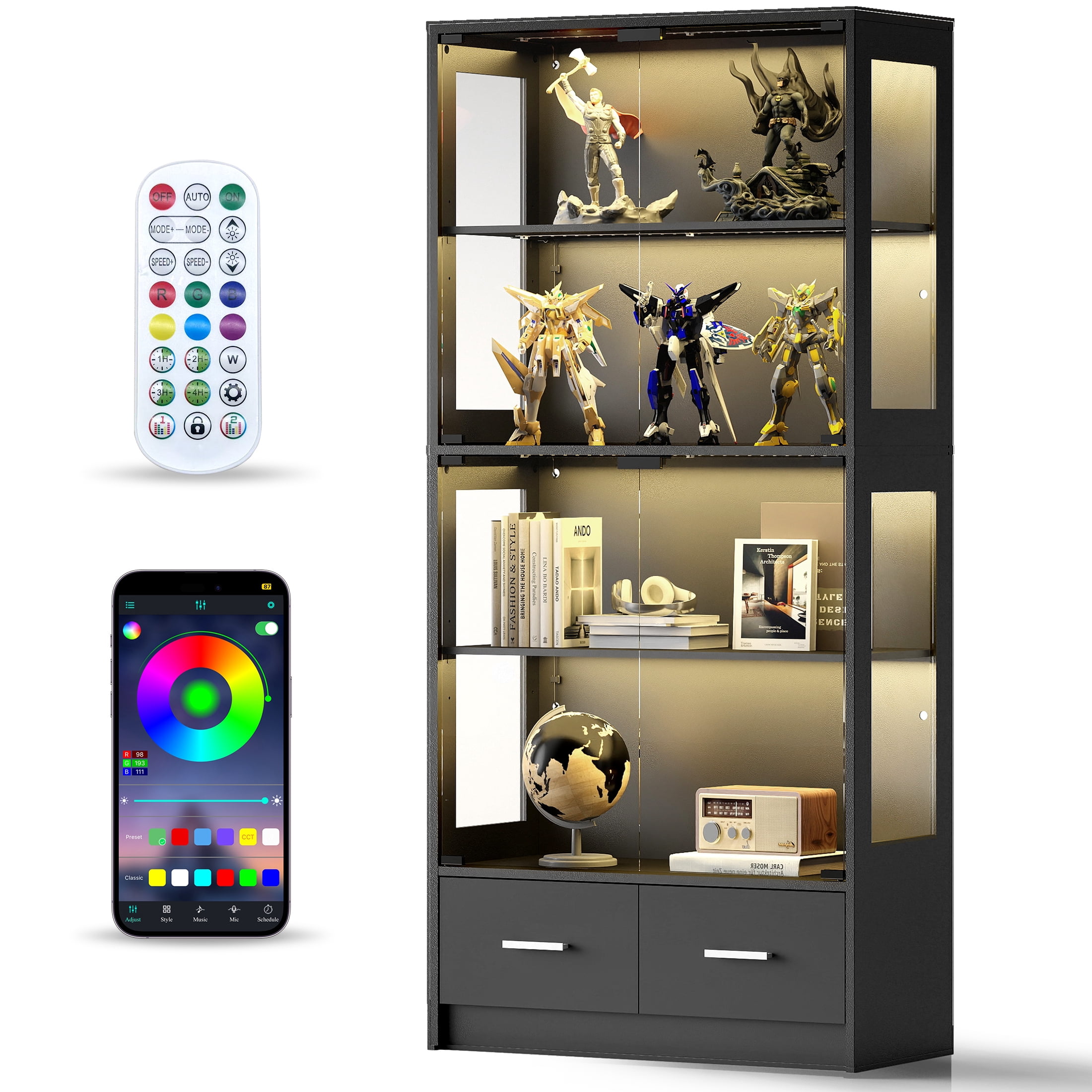 Anrist 5-Tier Glass Display Cabinet with LED Lights & Adjustable Shelves & 2 Drawers, Curio Cabinet for Home & Office, Black