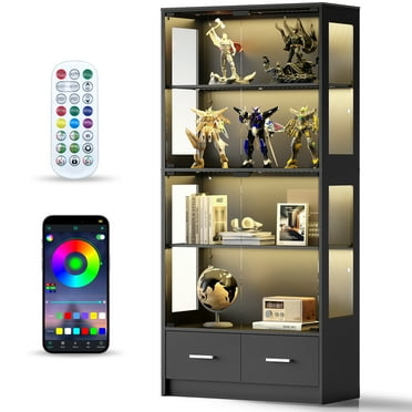 Anrist 5-Tier Glass Display Cabinet with LED Lights & Adjustable Shelves & 2 Drawers, Curio Cabinet for Home & Office, Black