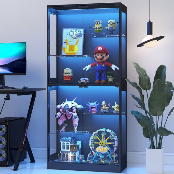 Anrist Display Cabinet with RGB LED Lights & Tempered Glass Doors, 5-Tier Tall Curio Cabinet, Black