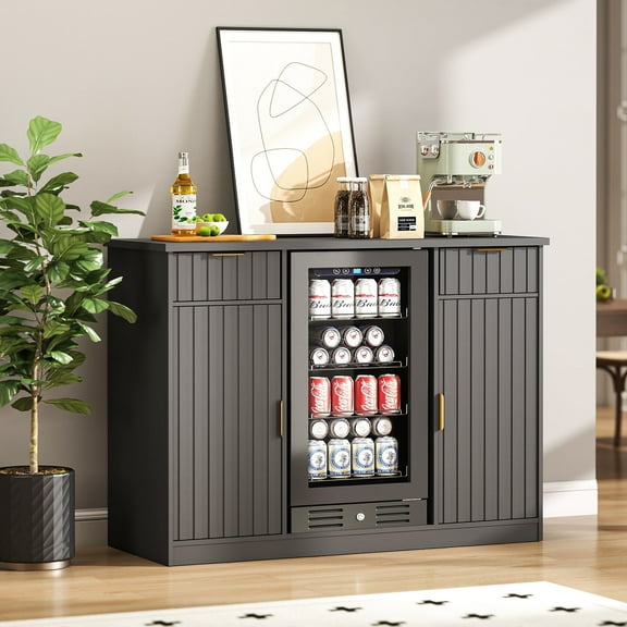 Anrist Coffee Bar Cabinet with Mini Fridge Space & Power Outlet, Mini Fridge Cabinet with 2 Drawers for Kitchen, Living Room, Black