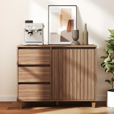 Anrist Fluted Sideboard & Buffet Cabinet with Adjustable Shelf & 3 Drawers,Coffee Bar with Storage,Walnut