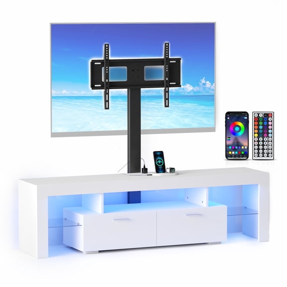 Anrist Modern TV Stand with Mount Swivel LED Lights Entertainment Center for 65 inch TVs Glass Shelves for Living Room,White