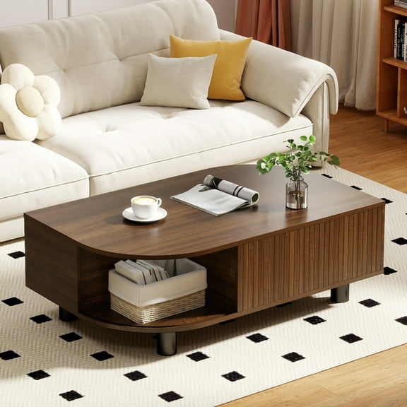 Anrist Wood Coffee Table with Storage & Fluted Sliding Doors for Living room, Unique Leaf-Shaped Design, Walnut