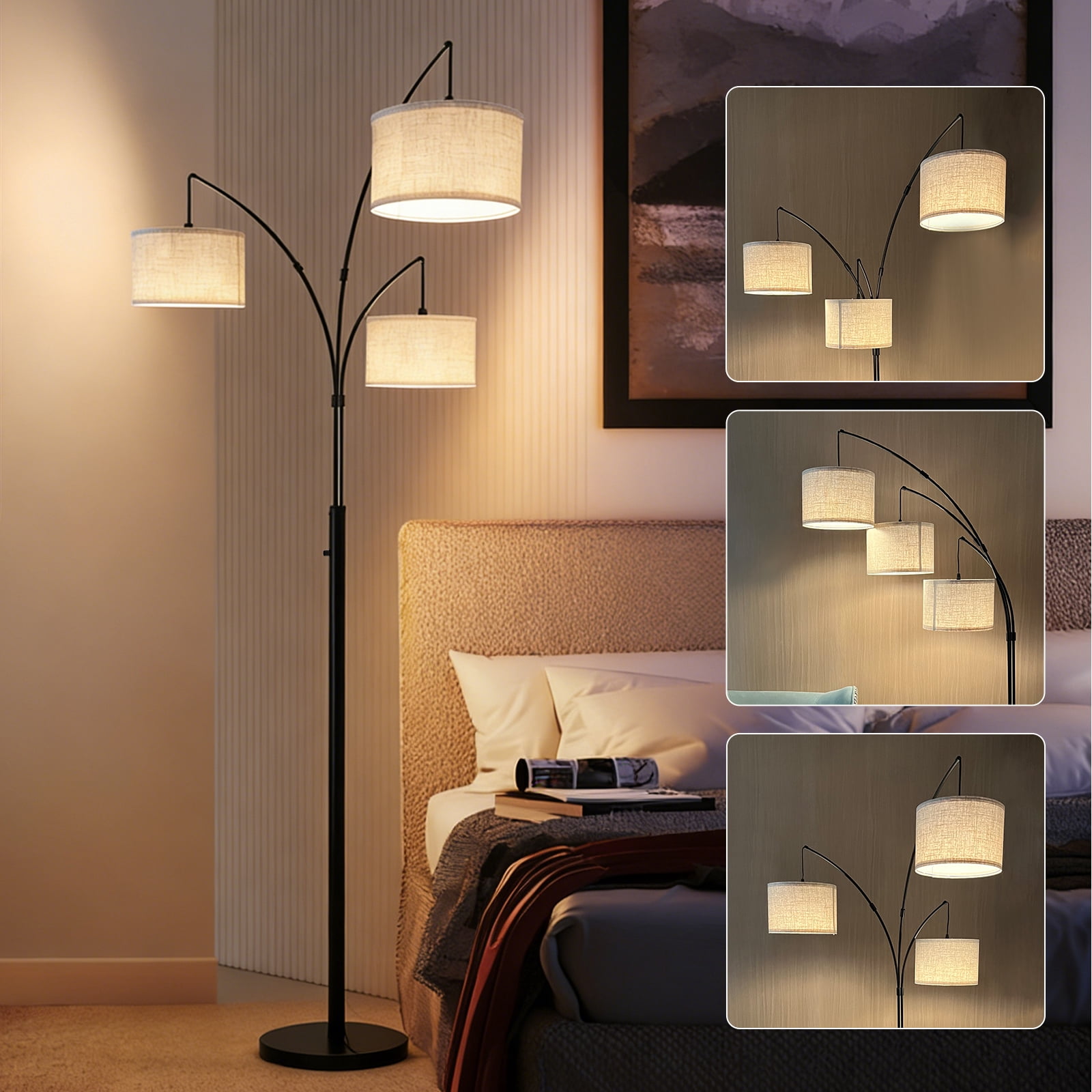 Anrotix Dimmable Arc Floor Lamp with 3 LED bulb Rotary Switch Modern Tall Standing Lamp Beige Shades
