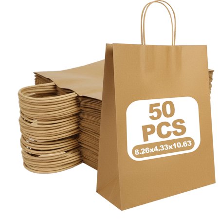 Anscher 50 Pack Brown Kraft Paper Gift Bags with Handles,21x11x27 CM Small Bags Kraft Paper Bags for Thank You's Day Shopping Birthday Grocery Retail Business Party