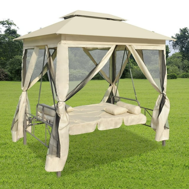 Anself 2-Person Gazebo Swing Chair Patio Daybed with Canopy, Mesh Walls with Corrosion-Resistant, Hook & Loop Fasteners Cream White
