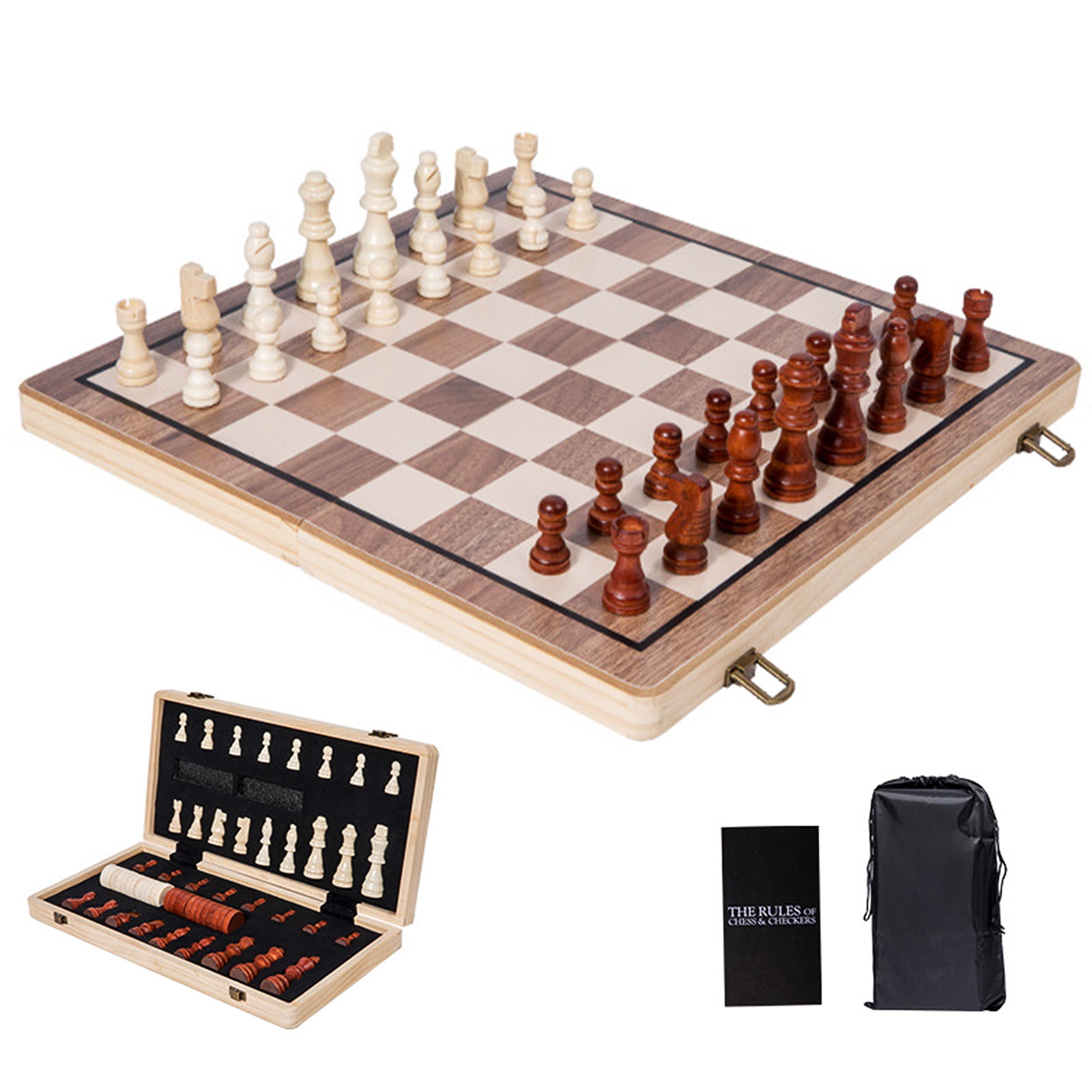 Anself 2 in 1 Wooden Chess Checkers Set, Travel Board Game for