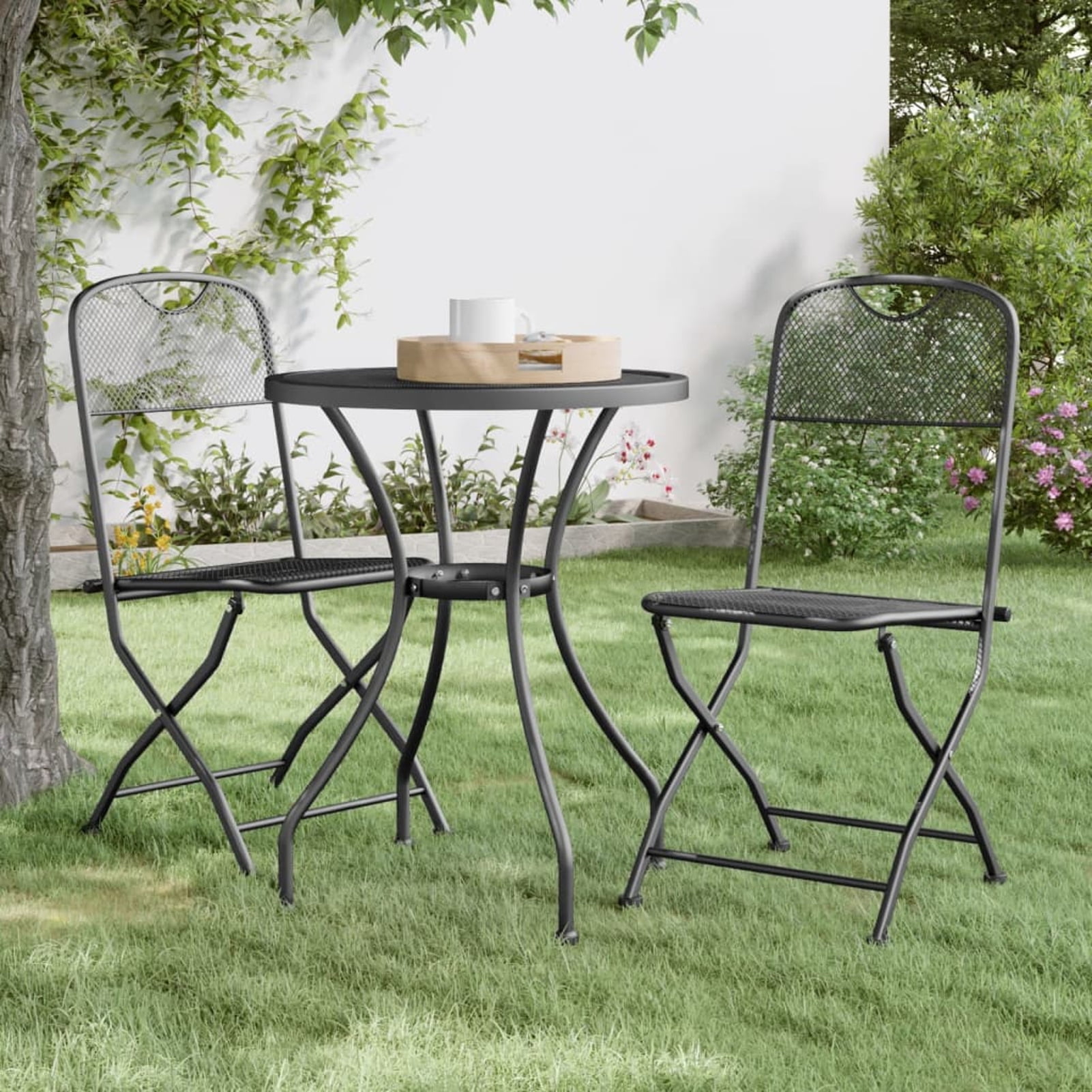Anself 3 Piece Outdoor Dining Set, Expanded Metal Mesh Round Table and Set of 2 Folding Dinner
