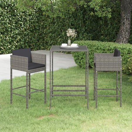 Anself 3 Piece Patio Bar Set, Glass Tabletop Table and 2 Stool Chairs with Footrest and Cushions, Poly Rattan Steel Frame for Bar, Patio, Balcony, Garden, Yard, Lawn, Terrace