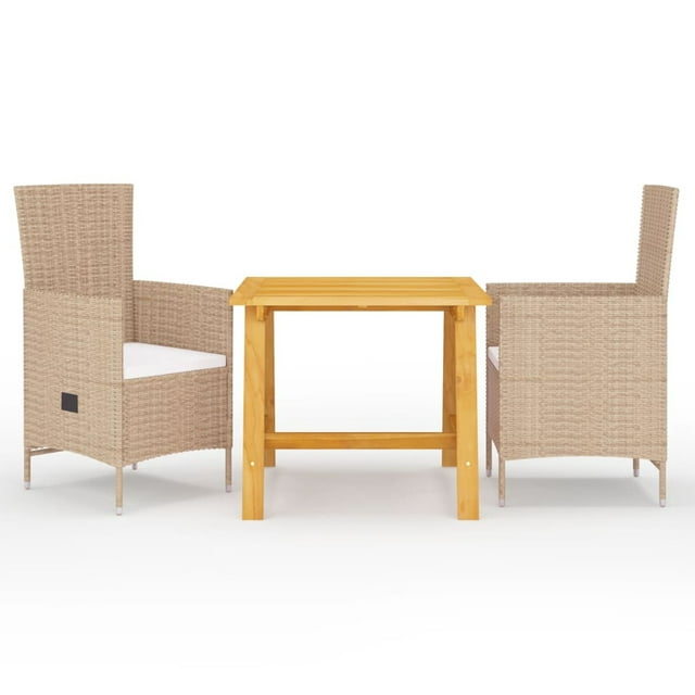 Anself 3 Piece Patio Dining Set Acacia Wood Table and Backrest Adjustable 2 Chairs with Cushion Beige Rattan  Dining Set for Garden, Lawn, Balcony, Backyard