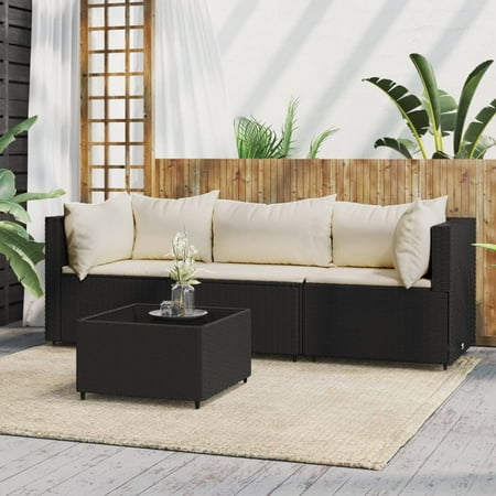 Anself 4 Piece Outdoor Patio Furniture Set, Cushioned Seat Middle Sofa and 2 Corner Sofas with Glass Top Coffee Table Sectional Set, Poly Rattan Conversation Set for Garden Poolside Backyard