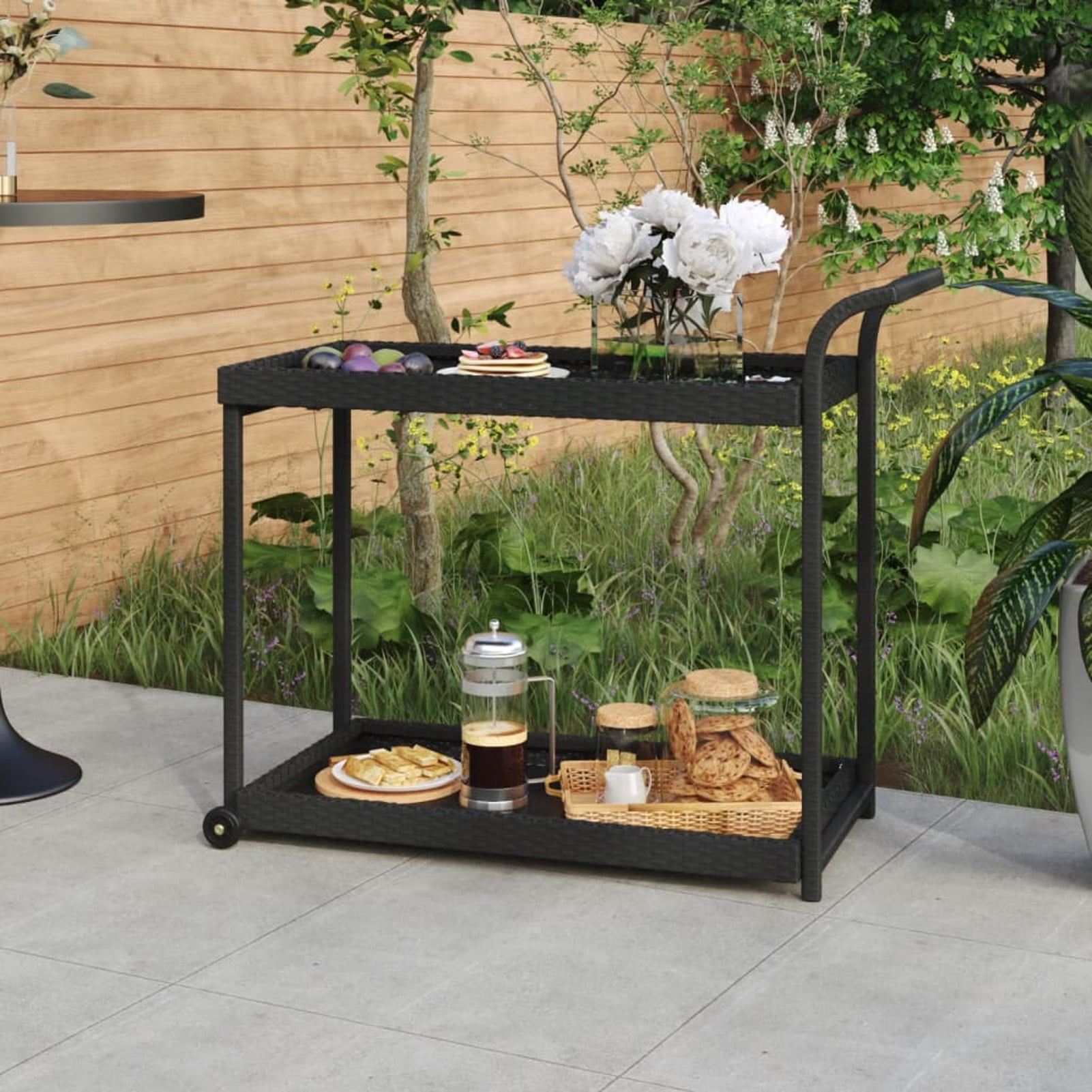 Versatile Black Poly Rattan Bar Cart with Smooth Castors and Storage