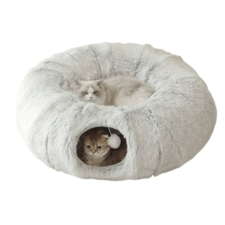 Anself Donut Pet Bed and Cat Tunnel Foldable Hideout for Dogs and Cats Plush Cave with Toy Ball Gray Walmart