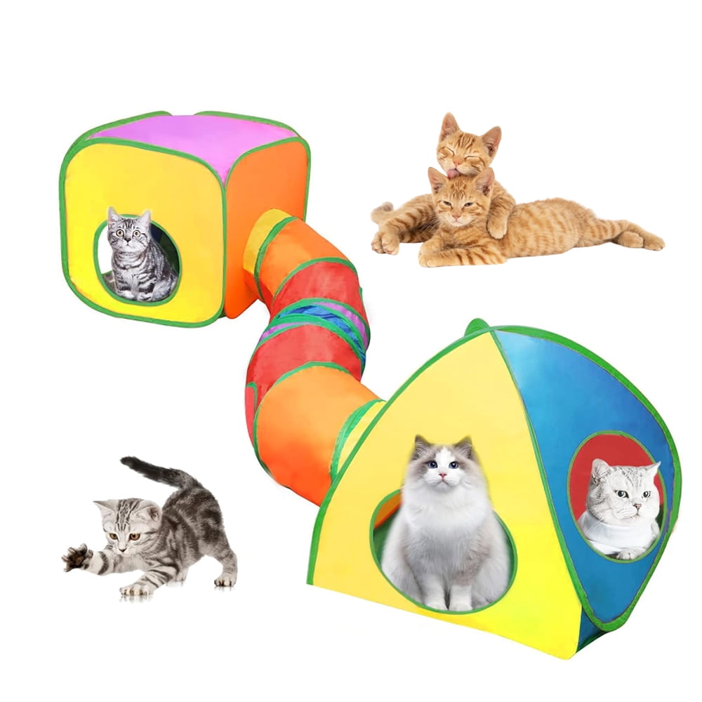 Anself Cat Tunnels for Indoor Cats with Cube Tent Toys Combo, Pop up Collapsible Crinkle Interactive Peek Hole, Cat Tube with Play Ball and Bell for Kitten, Puppy, Kitty, Rabbit Exercise, Multicolor