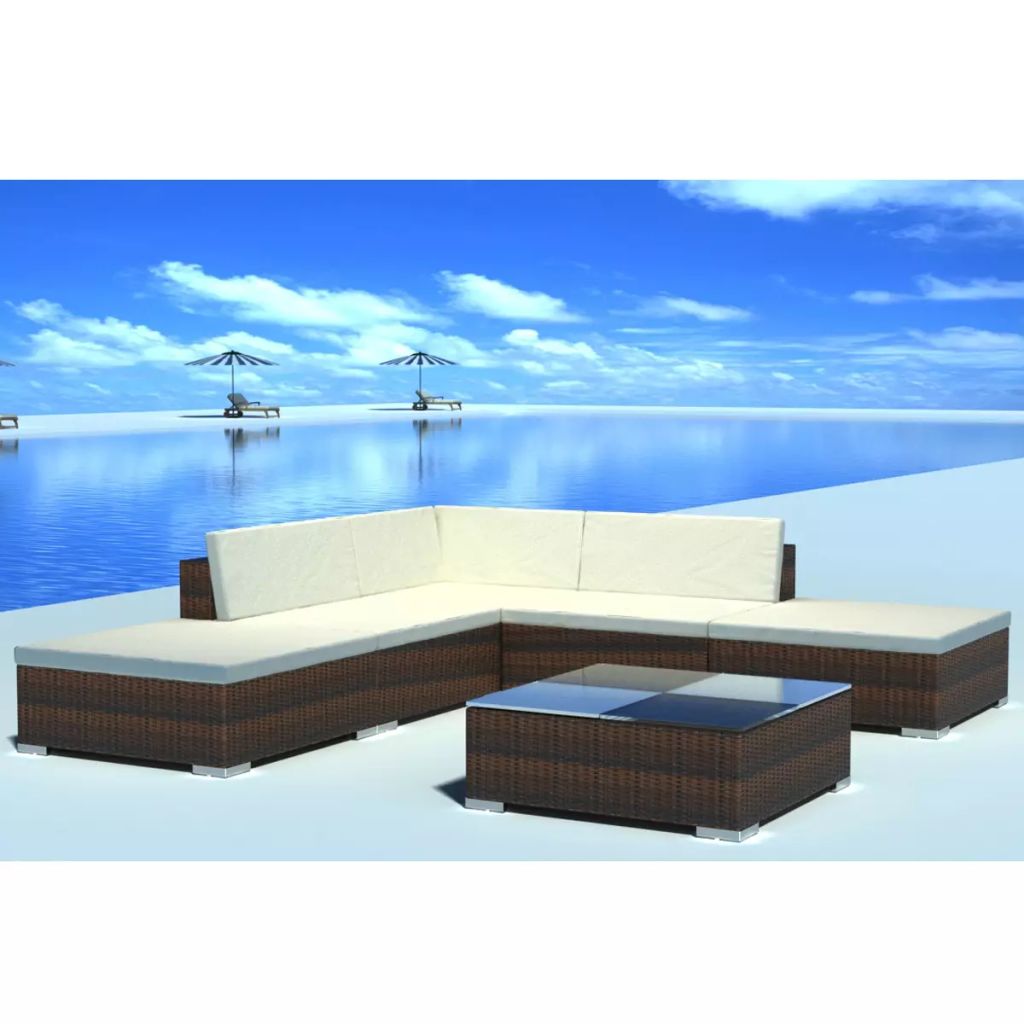 Anself Garden  Set 6 Pieces Poly Rattan Brown for Outdoors Year-Round with 3 Sofas 2 Ottomans 1 Tea Table 9 Cushions - image 1 of 7
