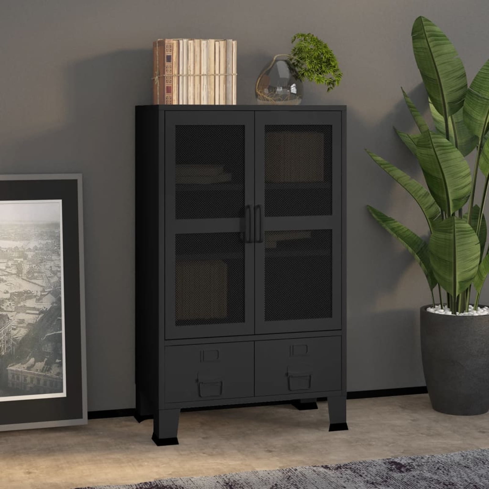 Anself Industrial Storage Cabinet with 2 Adjustable Shelves, 2 Storage  Drawers and 2 Mesh Doors Metal Sideboard Black for Living Room, Kitchen,  Dining