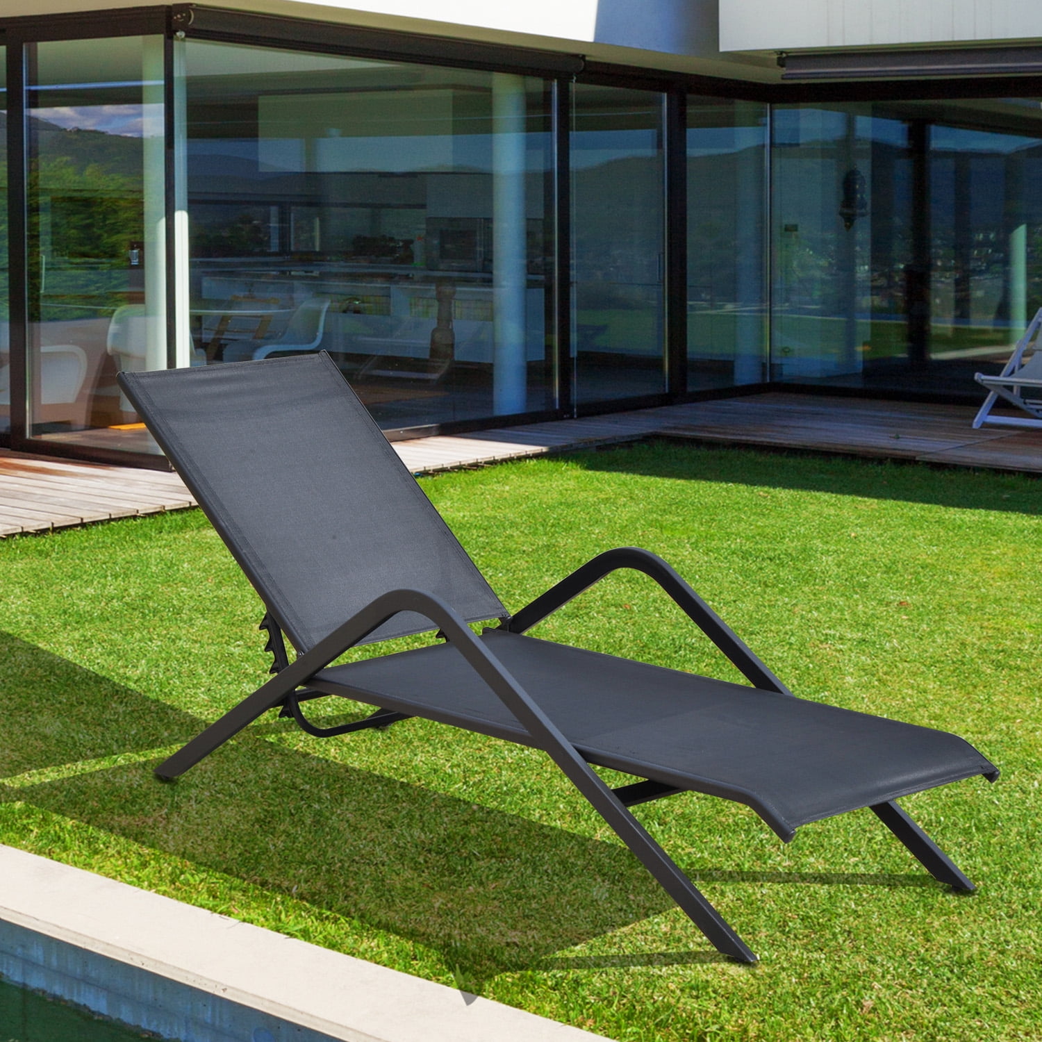 Anself Outdoor Patio Reclining Chaise Lounge Chair Black