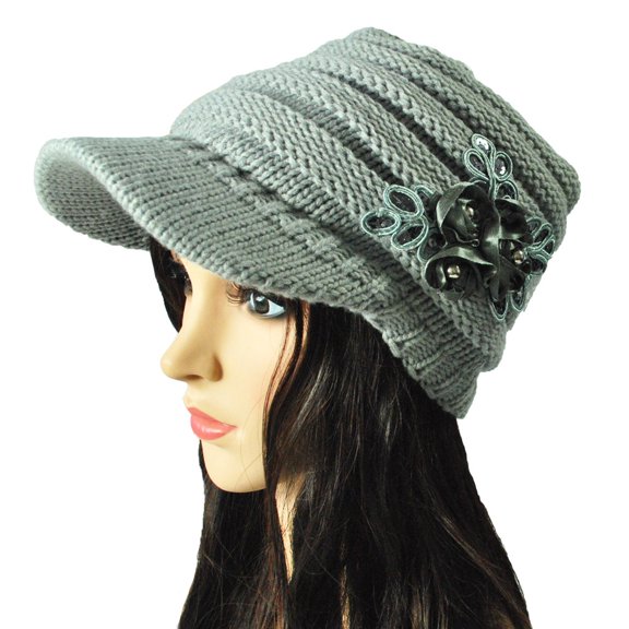 Anself Winter Women Cable Knitted Visor Hat with Flower Accent Thick Soft Warm Beanie Hats Wool Cap,light Grey