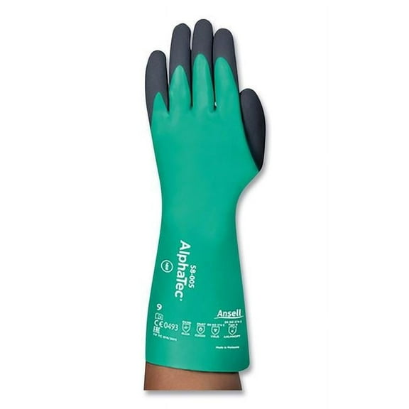 Ansell 012-58-005-100 14 in. 13 Gauge AlphaTec Nitrile & Neoprene Coated Chemical Resistant Gloves, Green - Size 10