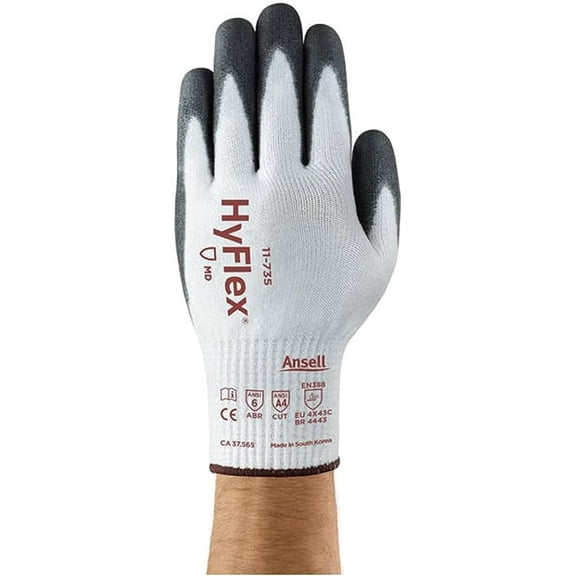 HyFlex Glove, 10 Gauge, White HPPE, Nylon, Glass Fiber, Spandex Seamless Liner with Black Silicone Free PU Palm Coat, Size 7