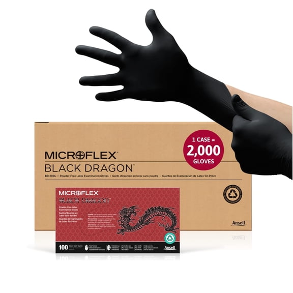 Ansell MICROFLEX Black Dragon BD-100L Heavy Duty 6.7 mil Latex Exam Gloves for Automotive, Food, Life Sciences, Healthcare, Size 7 (S), Black (Case of 2000)
