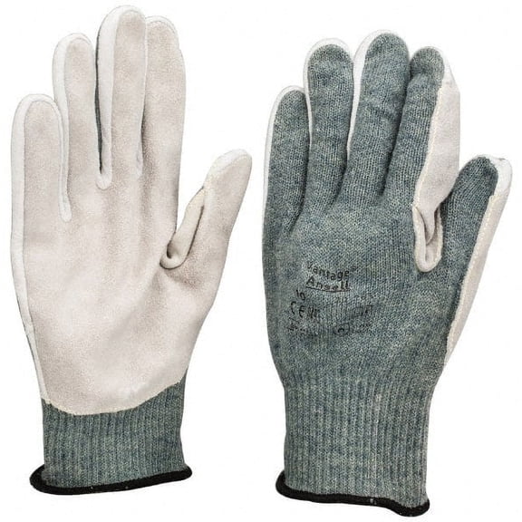 Ansell Size XL (10), ANSI Cut Lvl 4, Abrasion Lvl 5, Leather Cut Resistant Gloves Aramid/Poly/Cotton Lining, Knit Wrist, Gray, Paired