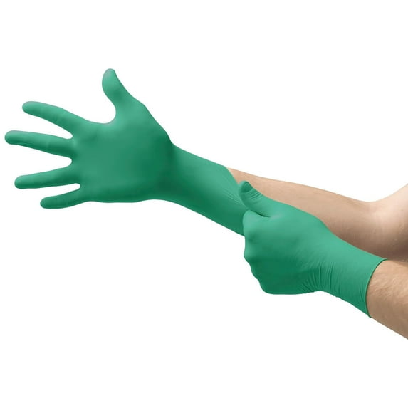 Ansell TouchNTuff 92-600 Nitrile Lightweight Glove with Beaded Cuff, Chemical/Splash Resistance, Powder Free, 4.7mil Thickness, 240mm Length, Size 8, Green Box of 100
