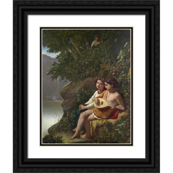Anselm Feuerbach 19x24 Black Ornate Framed Double Matted Museum Art Print Titled: Children Making Music Overheard by a Nymph (1864)
