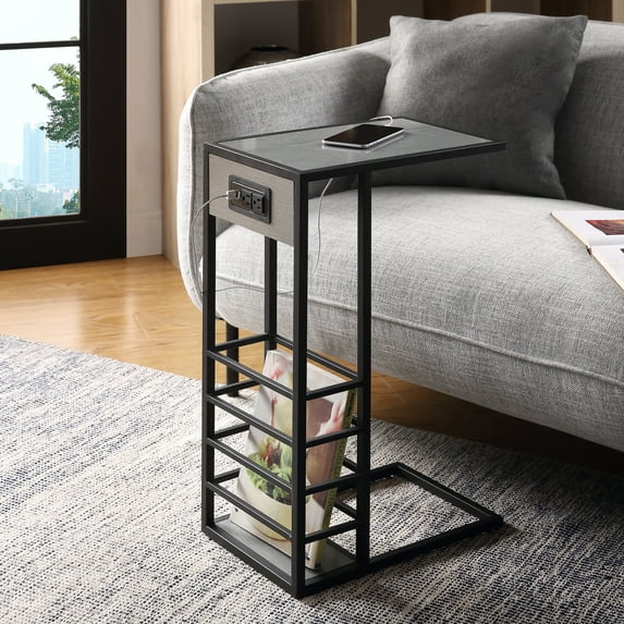 Ansfrid Grey/Black End Table - Magazine Holder, 2 USB Charging Ports, 2 Outlets, Power Plug, MDF Veneer Top, Metal Base, Portable