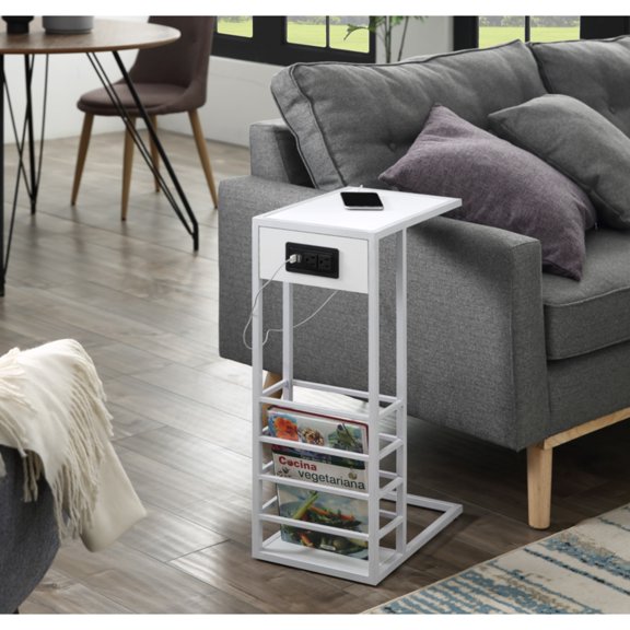 Ansfrid White/White End Table - Magazine Holder, 2 USB Charging Ports, 2 Outlets, Power Plug, MDF Veneer Top, Metal Base, Portable