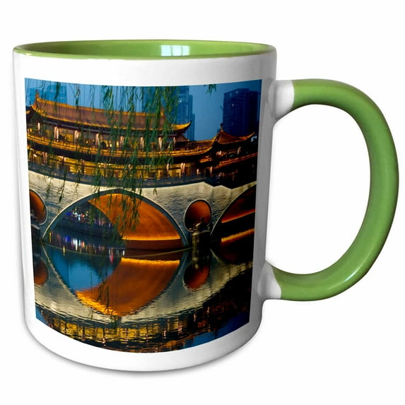 3drose, Anshun Bridge Reflection in Jin River, Chengdu, Sichuan, China, 15oz Two-tone Green Mug