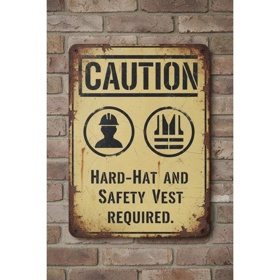 Ansi Caution Sign: Hard - Hat And Safety Vest Required Metal Sign 8"x12"Indoor/outdoor Use For Home & Office Vintage Signs Aluminum Plates Printed