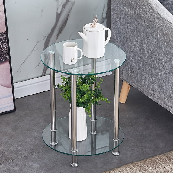 Ansley&HosHo End Table Side Table 2-Tier Nightstand Storage Shelves Chrome Finish with Glass Top Round Cube Furniture Home Living Room Clear