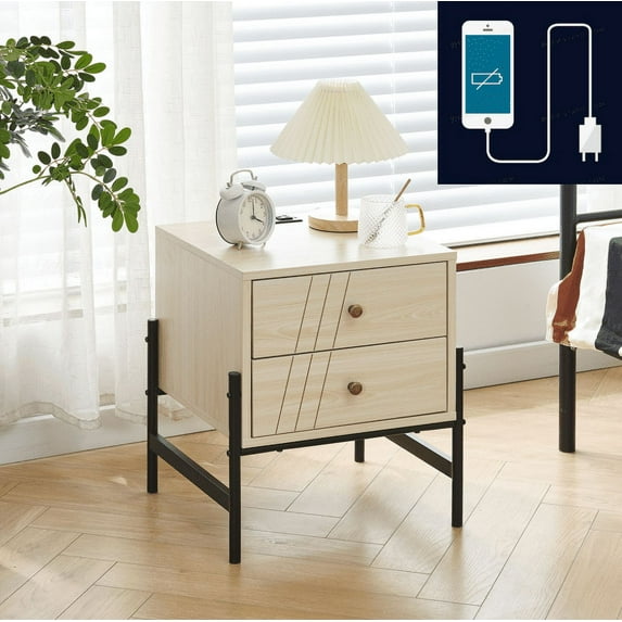 Ansley&HosHo Nightstand with Charging Station Side Table End Table with Storage Drawer Handle Smooth Slide Rail Wood Natural