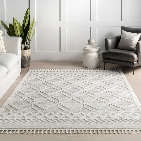 Ansley Moroccan Lattice Tassel Area Rug, 6'7" x 9', Light Grey