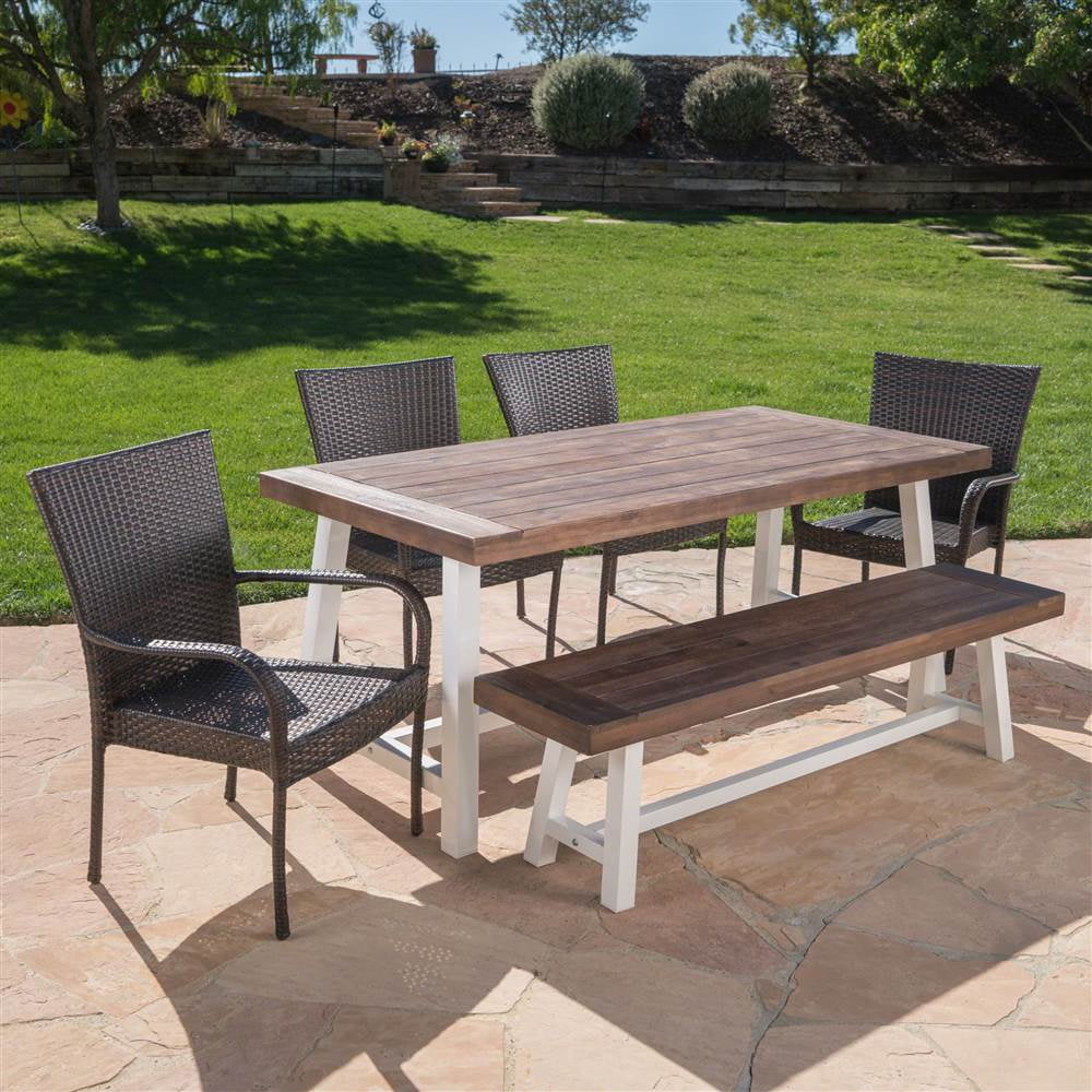 Sandblast Dark Brown and White Acacia Wood 6-Piece Outdoor Dining Set